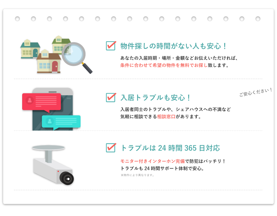 物件探しの時間がない人も安心！　入居トラブルも安心！　トラブルは24時間365日対応